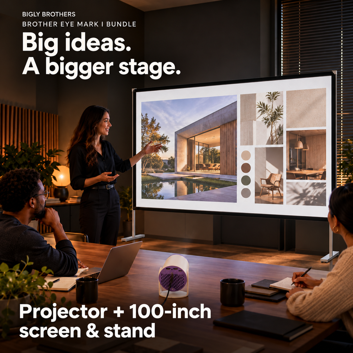 Brother Eye Mark I projector with 100-inch screen and stand: Office Presentation lifestyle