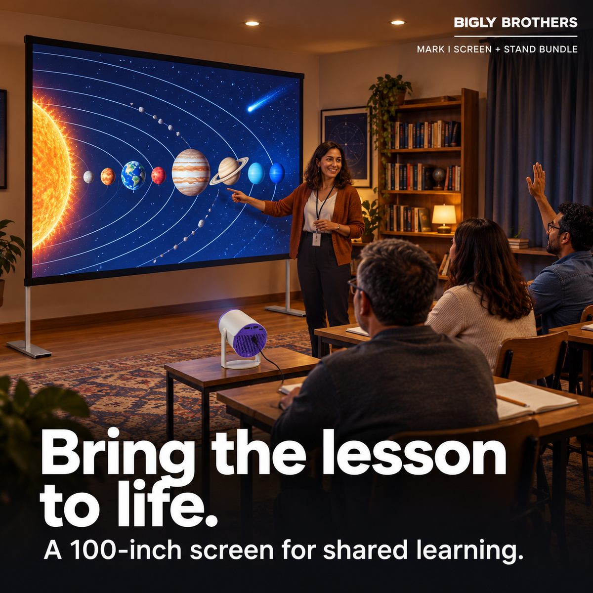Brother Eye Mark I projector with 100-inch screen and stand: Classroom lifestyle