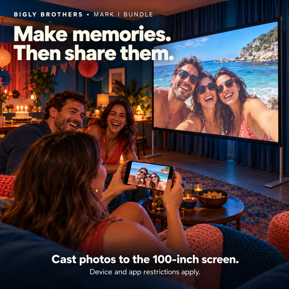 Brother Eye Mark I projector with 100-inch screen and stand: Celebration Casting lifestyle