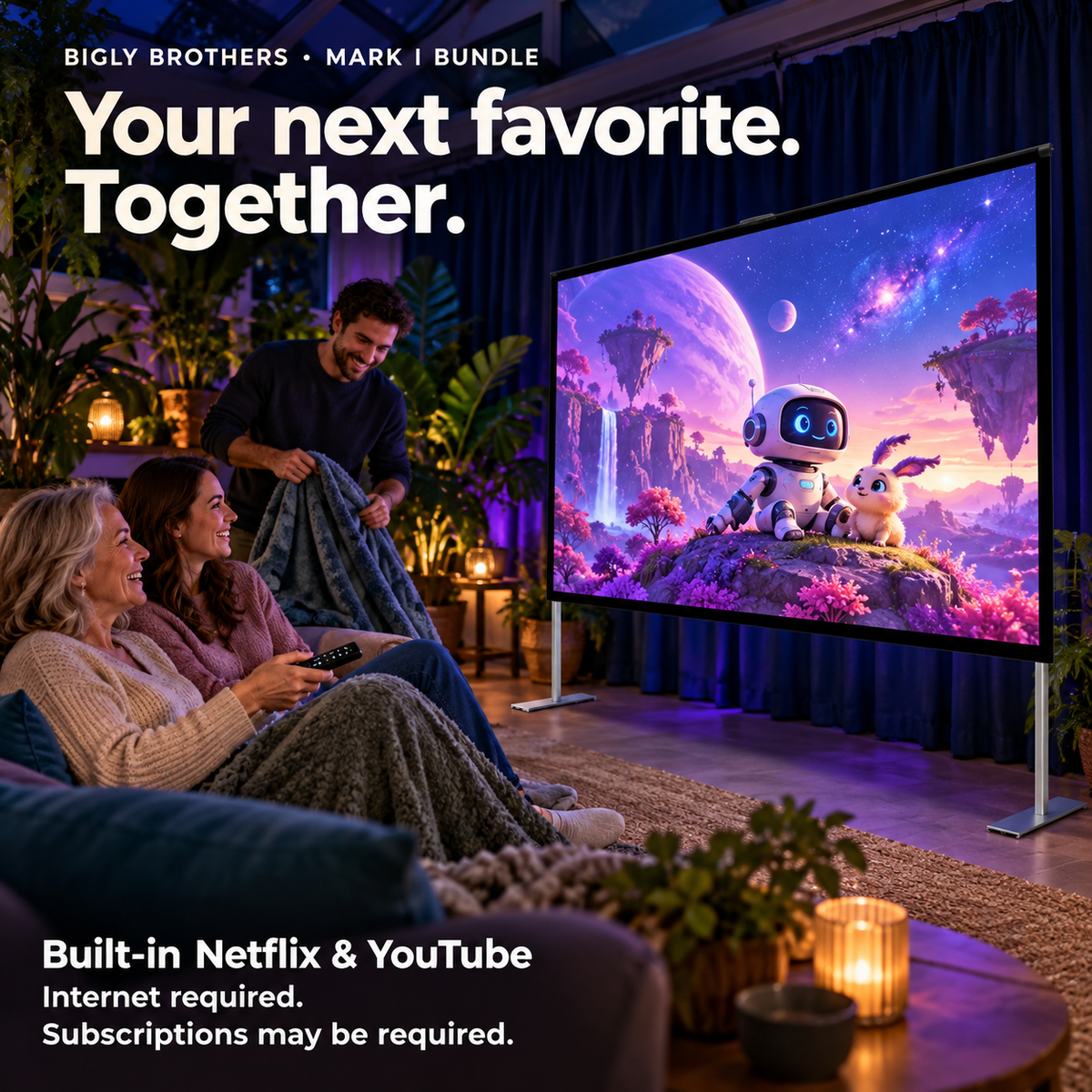 Brother Eye Mark I projector with 100-inch screen and stand: Built In Streaming lifestyle