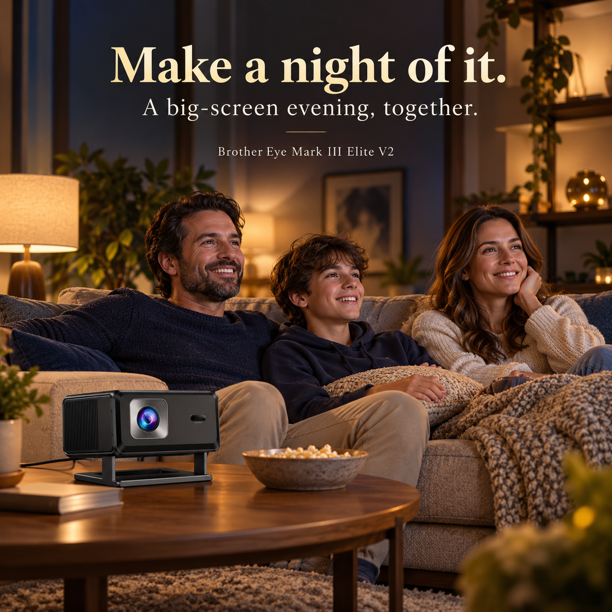 Brother Eye Mark III Elite V2 projector at natural scale in a family movie-night living room