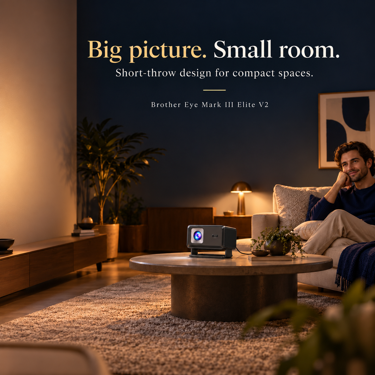 Brother Eye Mark III Elite V2 short-throw projector in a compact apartment