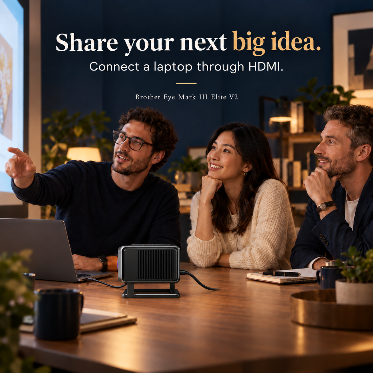 Brother Eye Mark III Elite V2 in side profile, connected to a laptop for a small-group presentation
