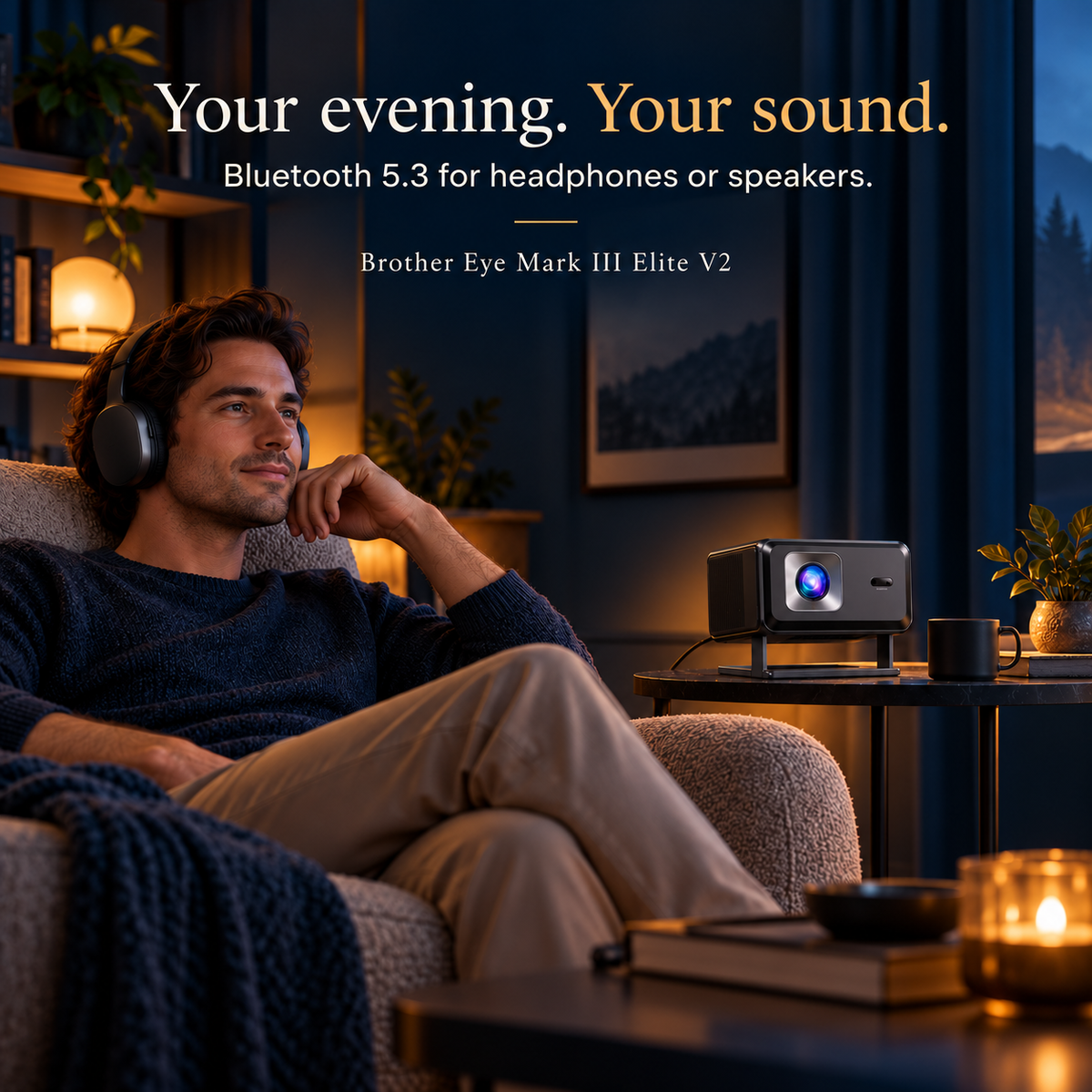 Person watching with Bluetooth headphones and a Brother Eye Mark III Elite V2 projector