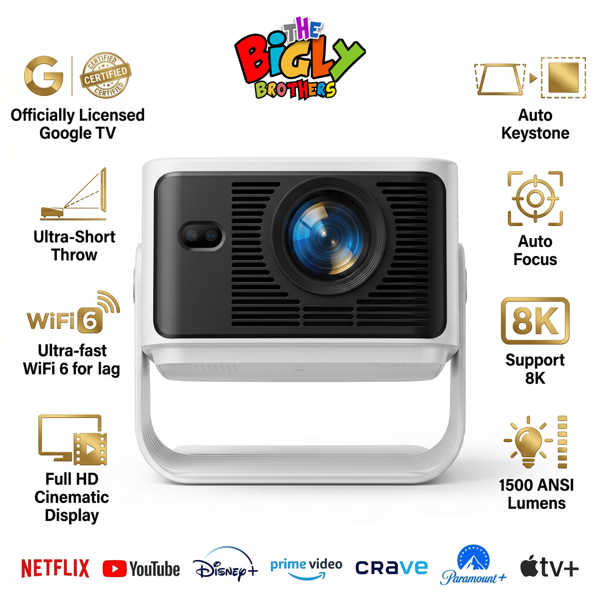 Bigly Brothers Mark III Elite projector — hero with feature callouts: officially licensed Google TV, WiFi 6, auto keystone, auto focus, 1500 ANSI lumens