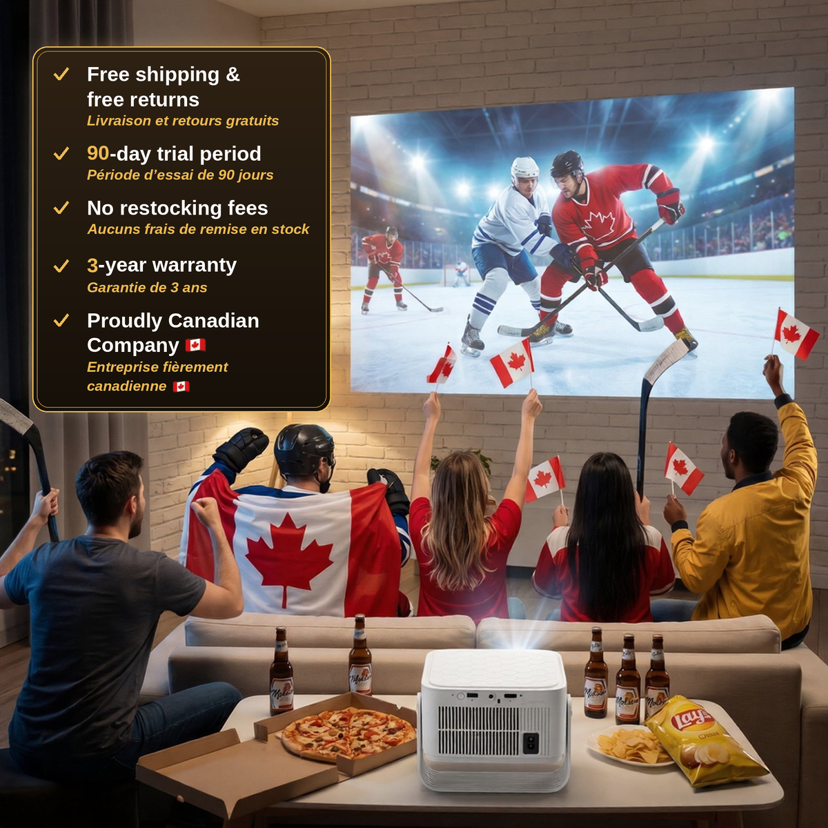 Mark III Elite hockey night — free shipping and free returns, 90-day trial period, no restocking fees, 3-year warranty, proudly Canadian company