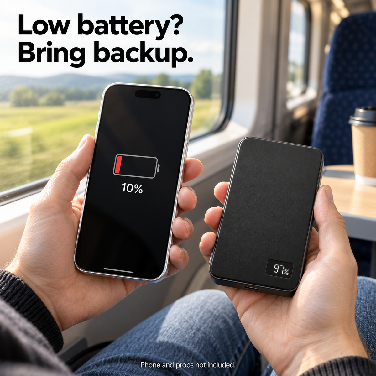 Traveler on a train holding a phone showing 10% and one Power Snap 10K power bank showing 97%, ready to attach. Phone and props not included.