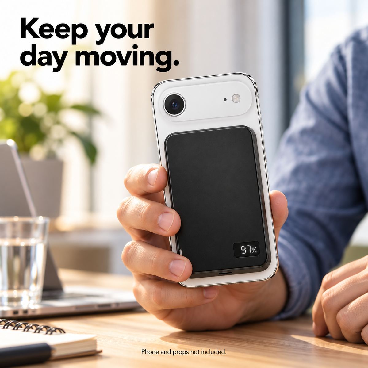 One black Power Snap 10K attached to a white iPhone Air during a workday, display showing 97%. Phone and props not included.