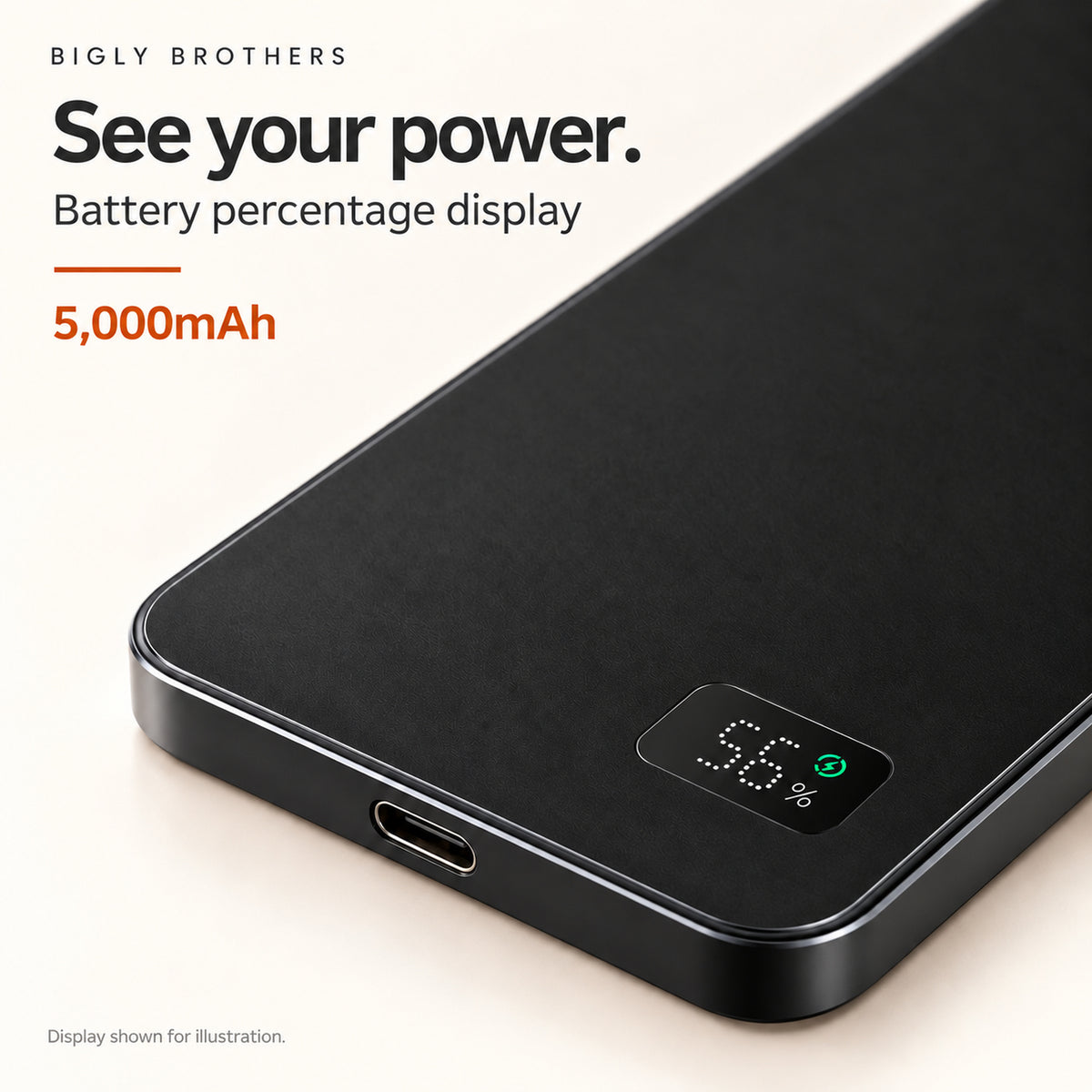 Power Snap5K digital battery-level display. Display reading shown for illustration.