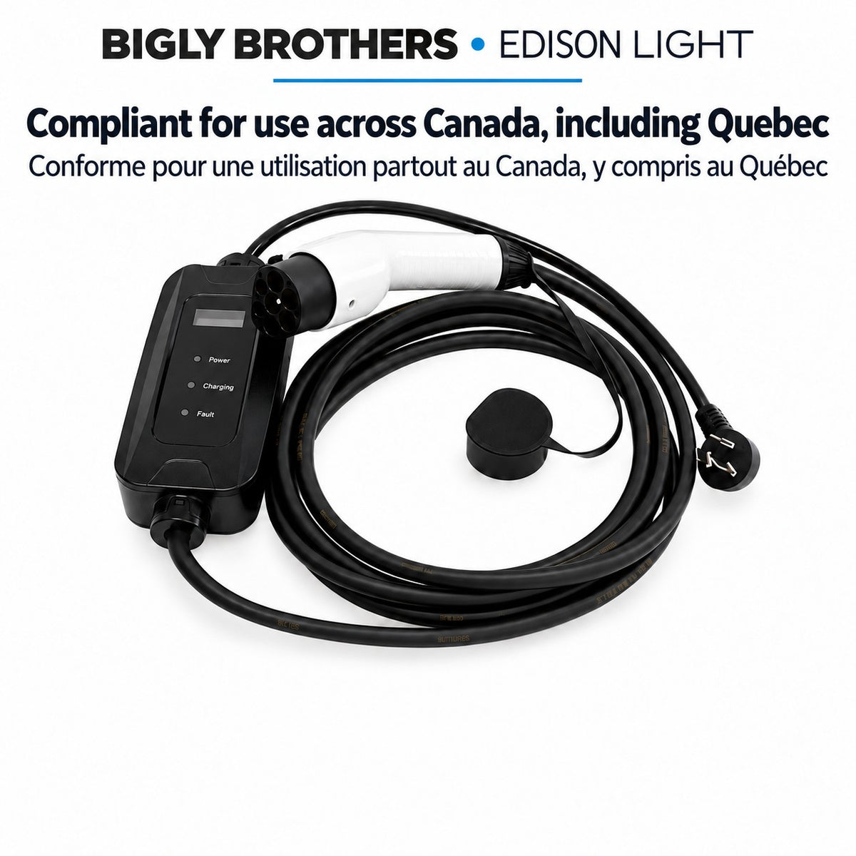 Bigly Brothers Edison Light Portable EV Charger — compliant for use across Canada, including Quebec