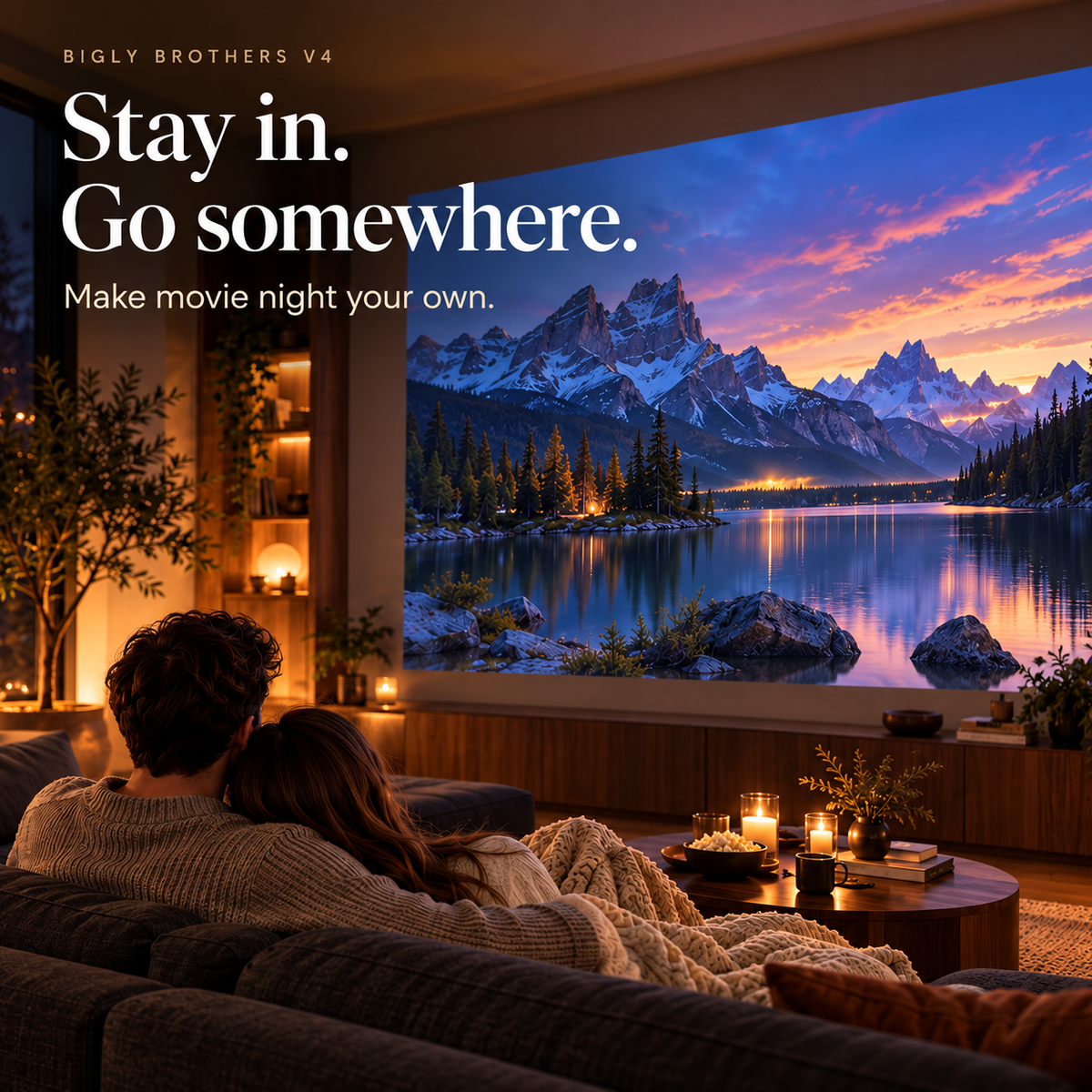 Couple enjoying a movie-night landscape projection in a dim living room