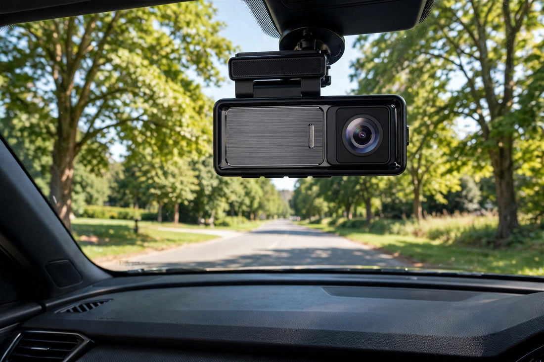 Dash cam mounted behind the rear-view mirror on a Canadian road