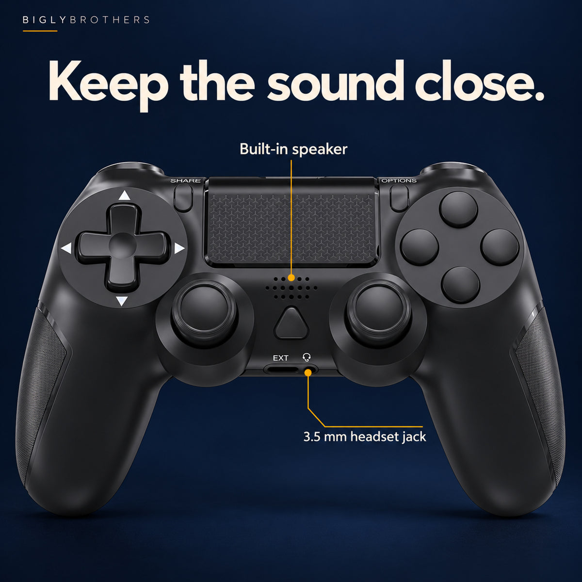 Bigly Brothers Strike Wireless Controller for PS4/PC – Dual Vibration, Six-Axis Motion Sensing, Touchpad, Built-in Speaker, 3.5mm Headset Jack, 800mAh Rechargeable Battery – Black