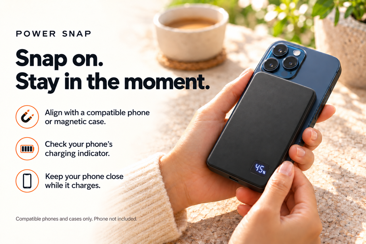 Power Snap 10K attached behind a compatible phone; align and check the digital charge display. Phone not included.