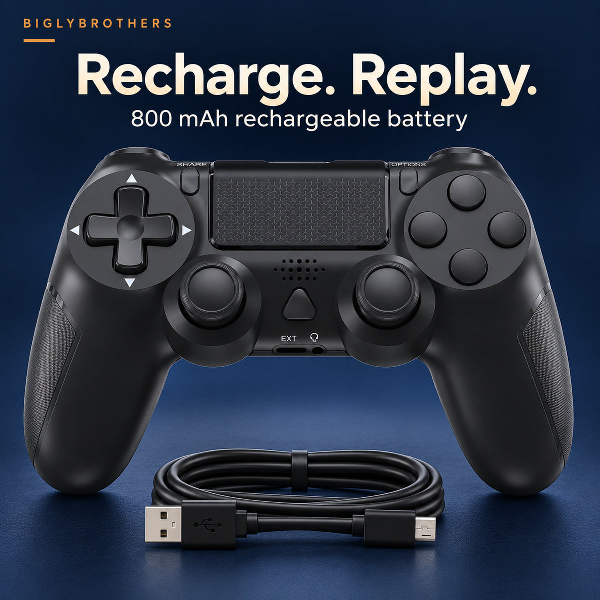 Bigly Brothers Strike Wireless Controller for PS4/PC – Dual Vibration, Six-Axis Motion Sensing, Touchpad, Built-in Speaker, 3.5mm Headset Jack, 800mAh Rechargeable Battery – Black