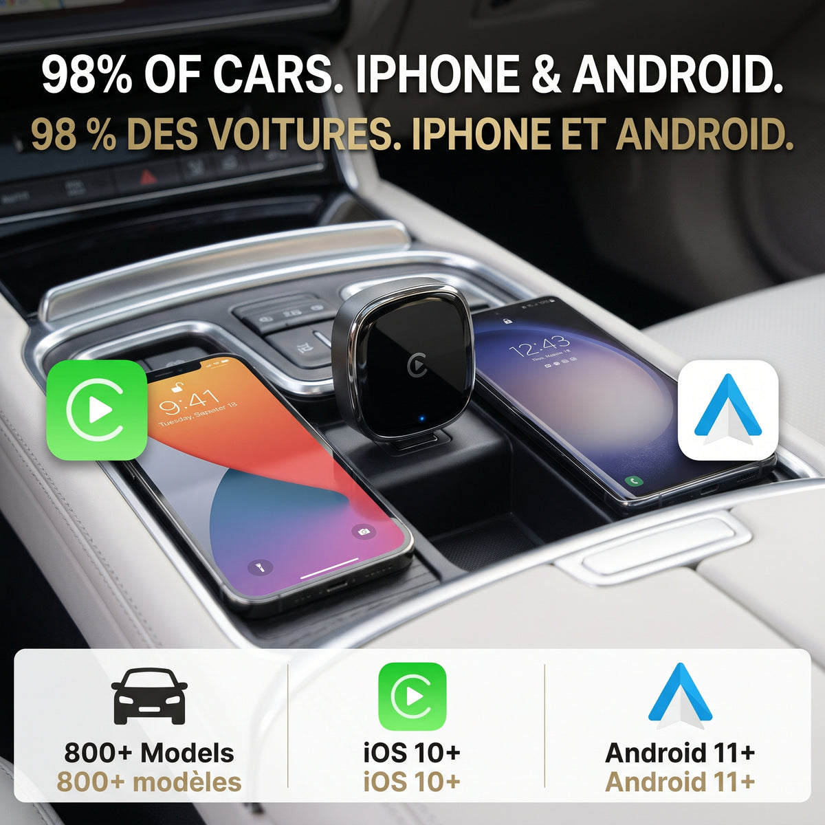 Bigly Brothers Wireless CarPlay & Android Auto Adapter Converts Built-In Wired CarPlay/Android Auto to Wireless (Compatible with 98% of Cars), Voice Control, Small Size, Plug & Play