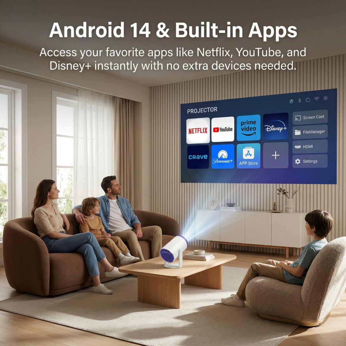 Brother Eye Mark I mini projector home screen with built-in streaming apps