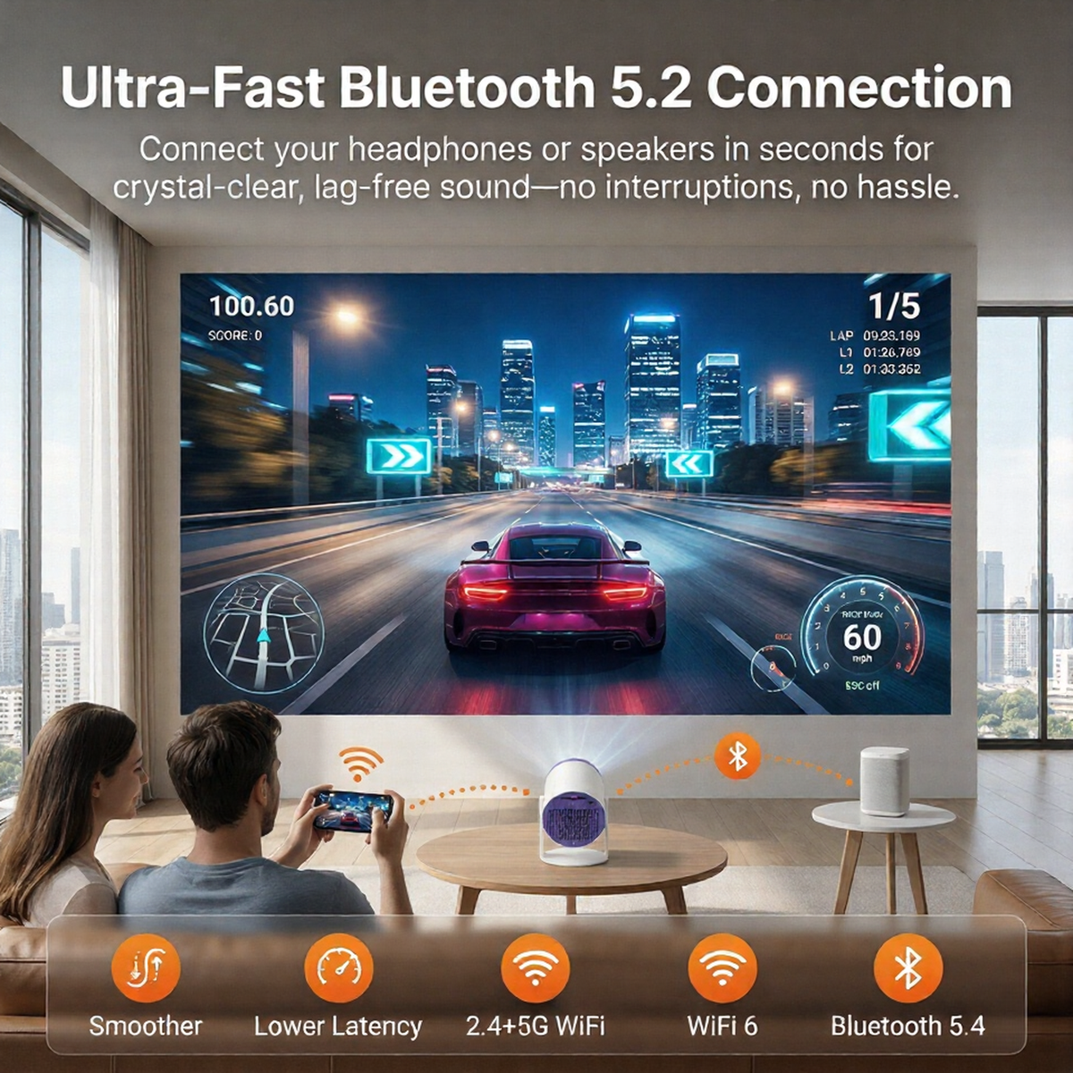 Brother Eye Mark I mini projector Bluetooth connection graphic with a racing game on screen