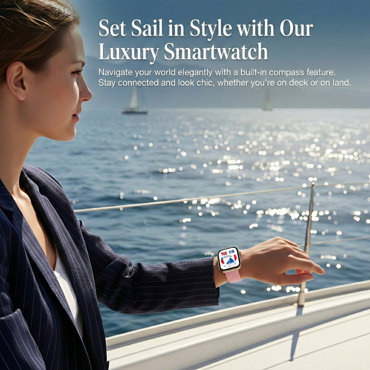 Woman on a boat wearing the smart watch