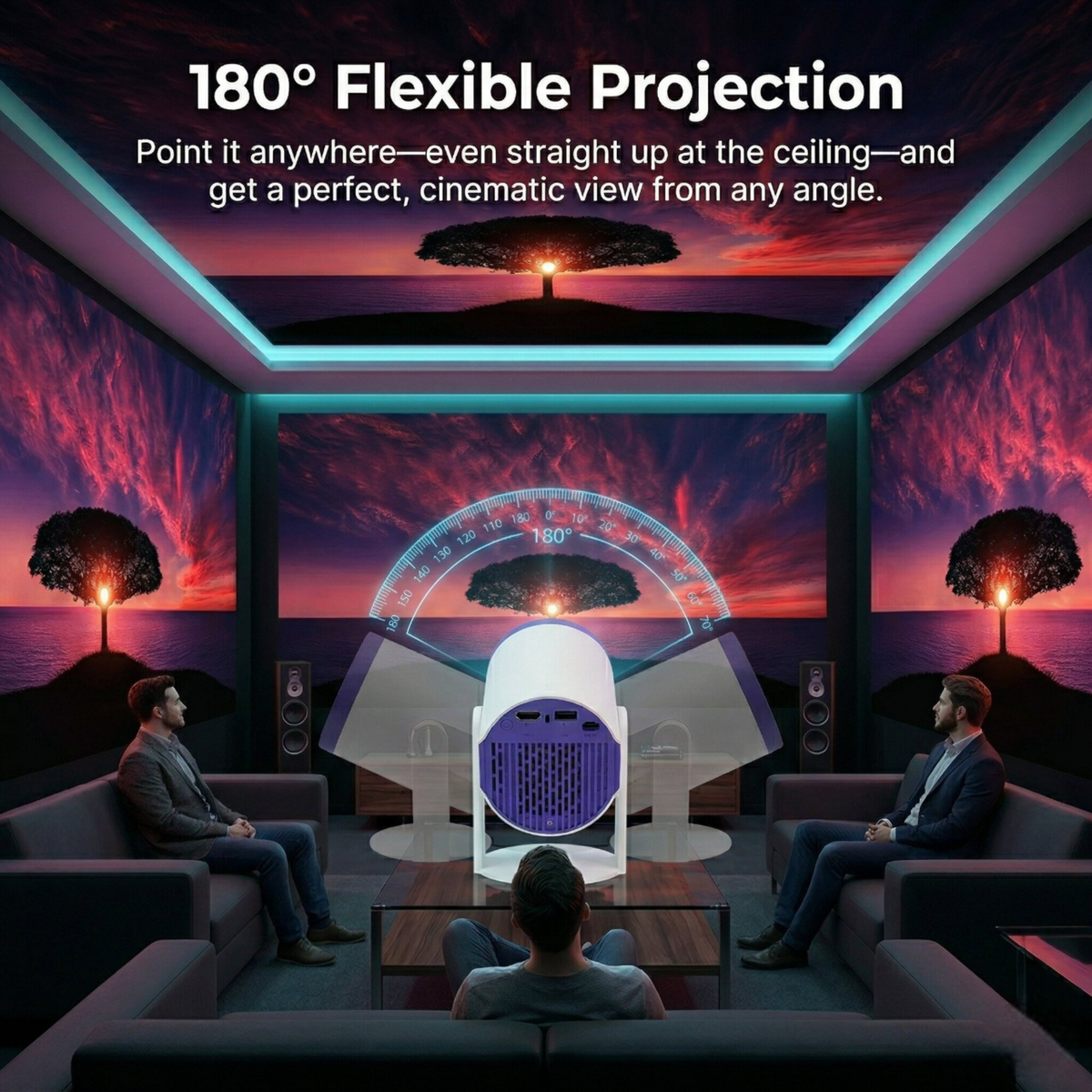 Brother Eye Mark I mini projector rotating stand projecting onto a bedroom ceiling