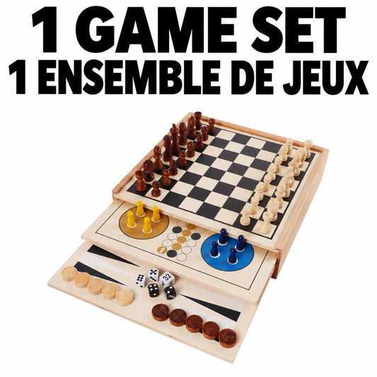 7-in-1 Wooden Board Game Set — Chess, Checkers, Backgammon, Tic-Tac-Toe, Chinese Checkers, Snakes & Ladders and Ludo in One Box with 3 Slide-Out Boards