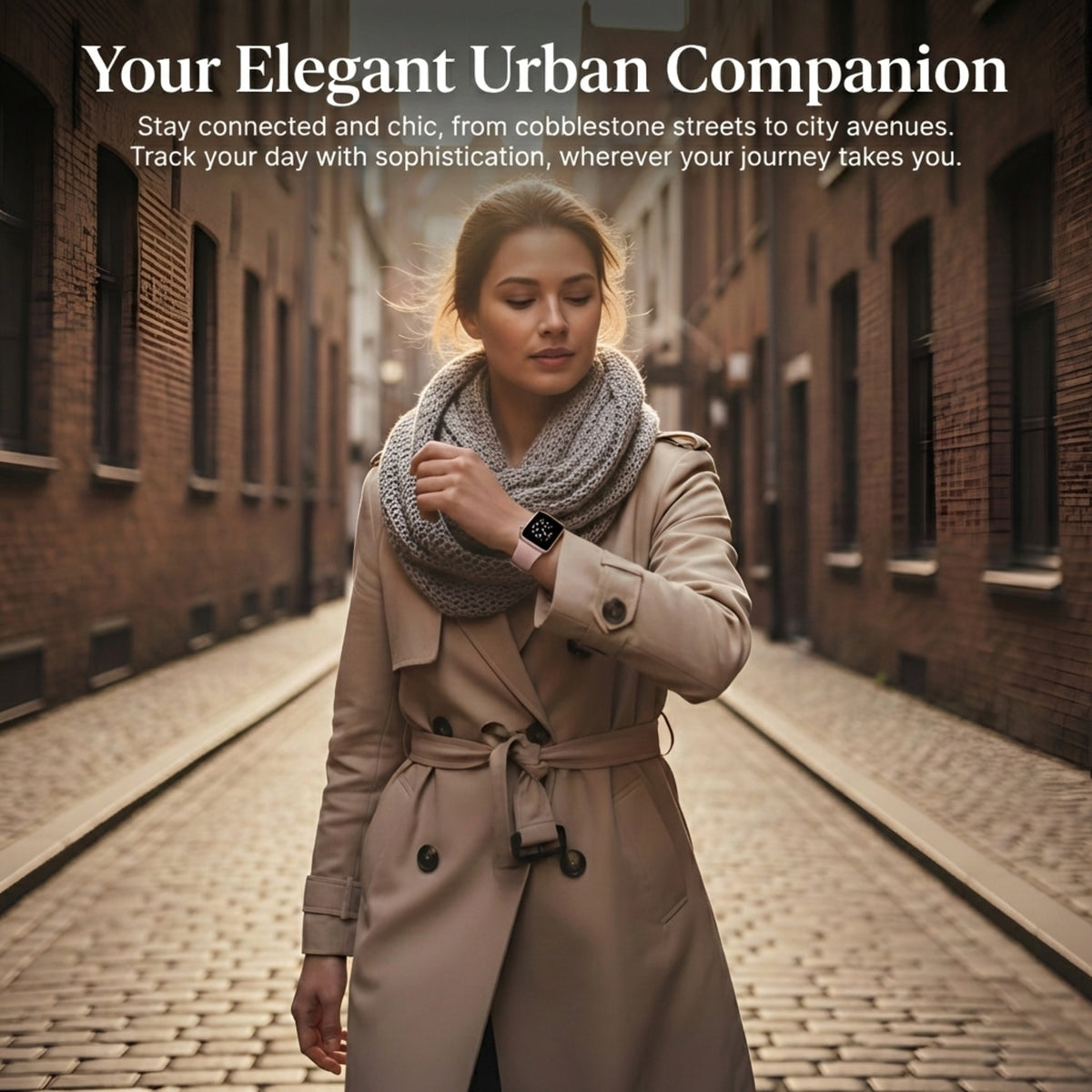 Woman walking in the city wearing the smart watch
