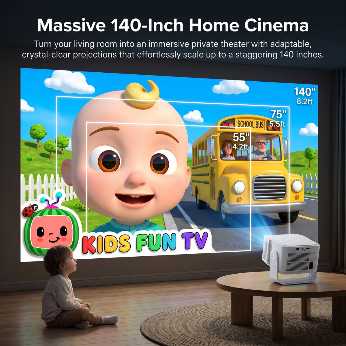 Child watching a large cartoon projected by the Mark III Elite