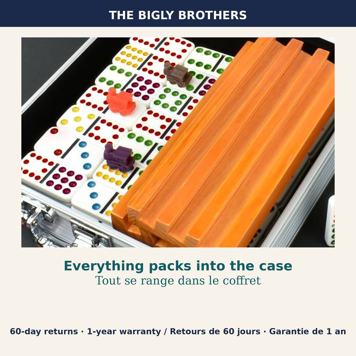 Family Game Night Kit — Mexican Train Dominoes Double-12 Set in Aluminum Case (91 Tiles) plus 7-in-1 Wooden Board Game Set with 3 Slide-Out Boards