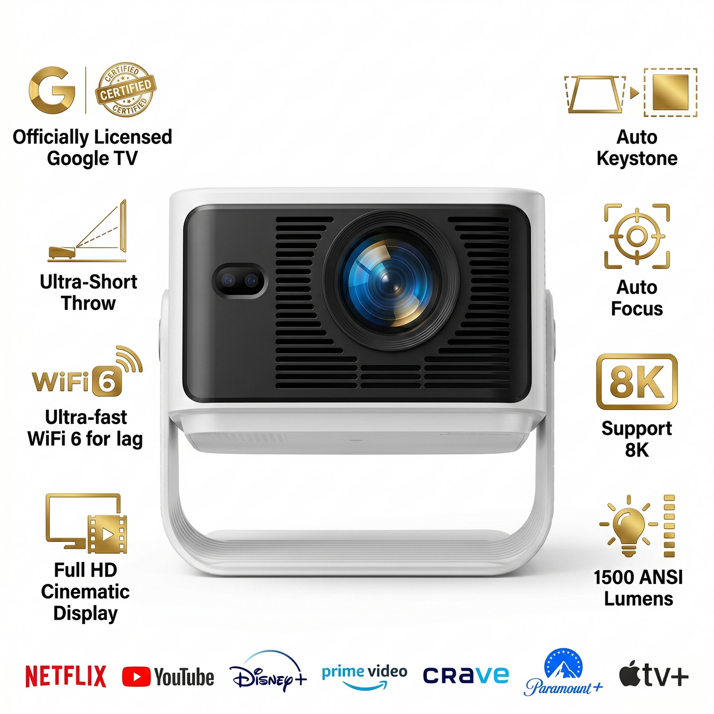 Brother Eye Mark III Elite Edition Officially Licensed Google TV 4K Smart Projector, 1500 Lumens, WiFi Bluetooth Portable Movie Projector with Auto Focus, Wireless Proyector for Phone/PC/Gaming