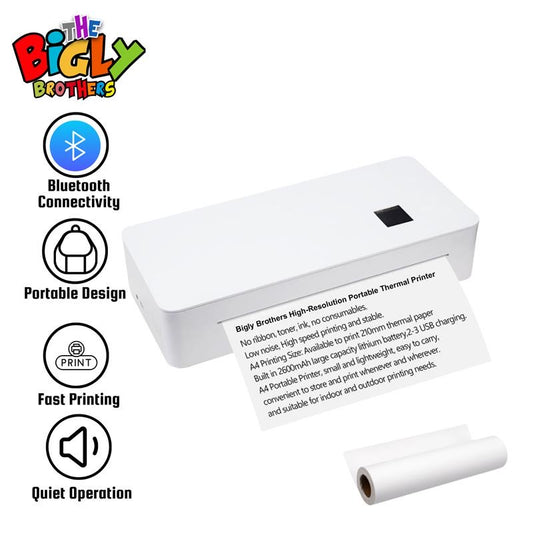 The Bigly Brothers 300DPI High-Resolution Portable Mini Printer – Wireless, Ink, Ribbon, and Cartridge Free for Office & School Use