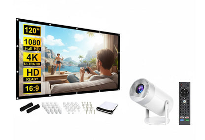 4K Mini Projector Bundle with 120" Wall Mount Screen - Complete Home Theater System