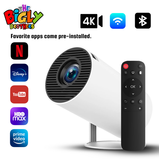 The Bigly Brothers Portable 4K Mini Projector with Wi-Fi, Bluetooth, Built-in Apps, Auto Keystone, Full HD 1080P Support, 180° Rotation, Works with TV Sticks, Smartphones, HDMI, and USB - White