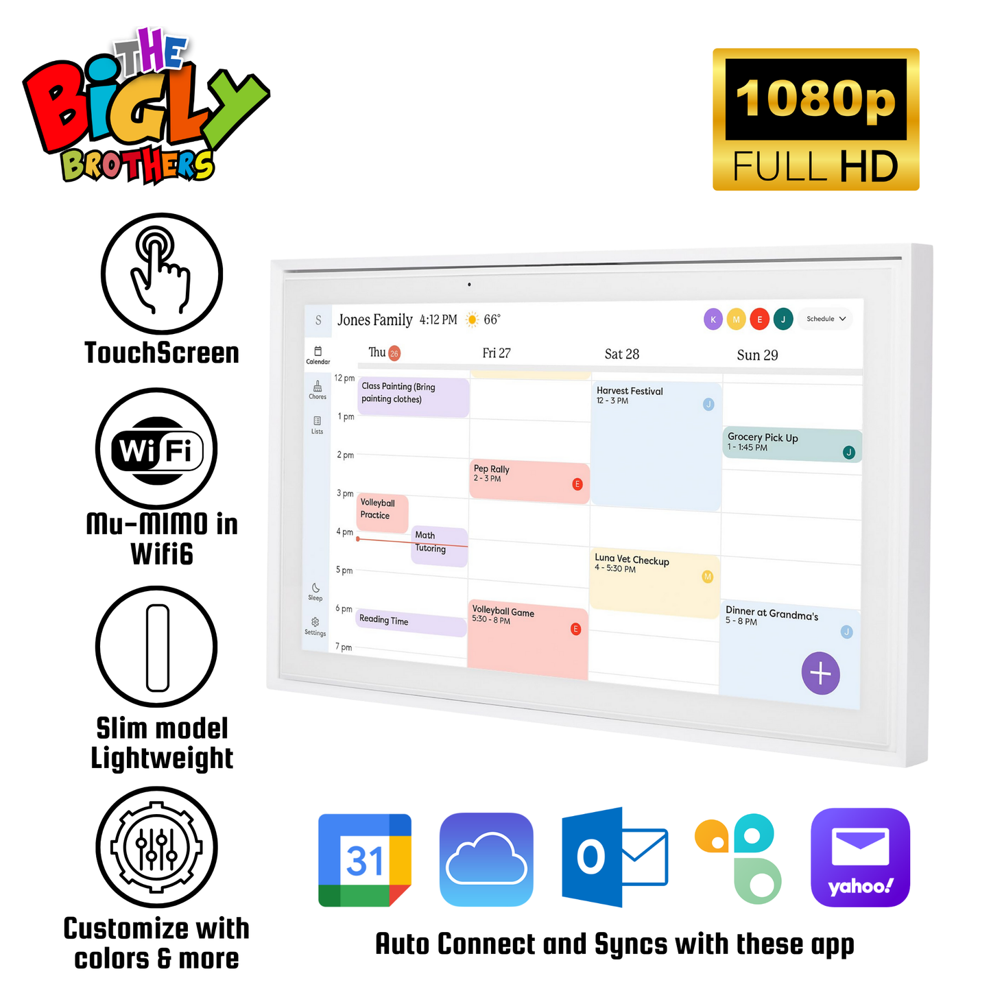 The Bigly Brothers 16-inches Wall-Mounted Digital Planner Calendar with Wooden Frame Display for Agenda, To-Do Lists, Video Calls, Family Organizer, Business, & Art Display