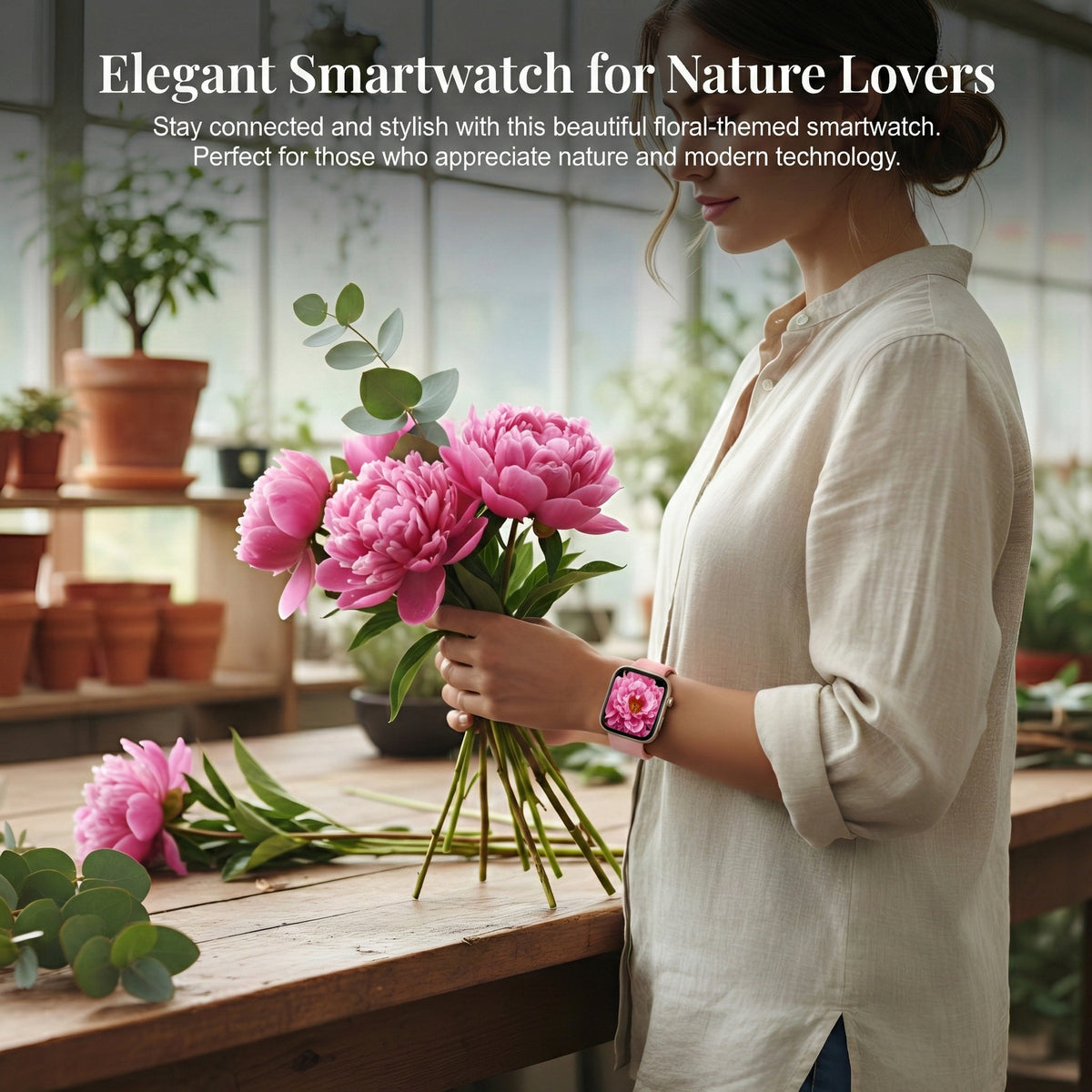 Woman arranging flowers wearing the Big Time Baddie smart watch