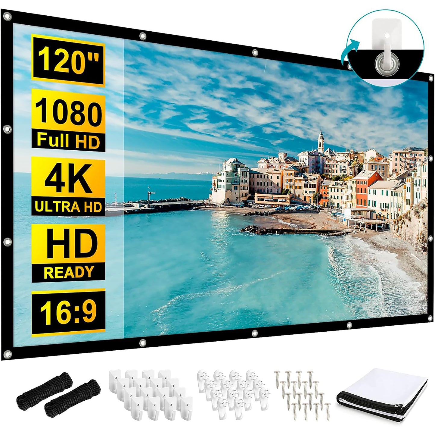 4K Mini Projector Bundle with 120" Wall Mount Screen - Complete Home Theater System
