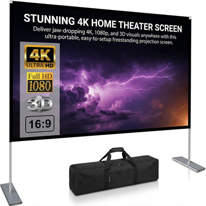 Projector Screen with Stand, 4K HD Indoor/Outdoor 16:9 Projection for Home Theater, Gaming, Business, Schools and Weddings, 3D Fast-Folding Projector Screen with Legs and Carry Bag