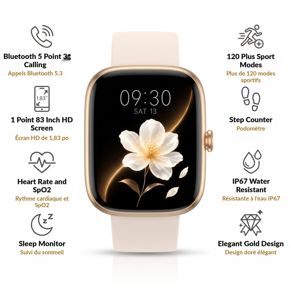 Women's Smart Watch with Bluetooth Calling 1.83 Inch HD Gold Fitness Tracker Heart Rate SpO2 Sleep Monitor Pedometer 120 Sport Modes IP67
