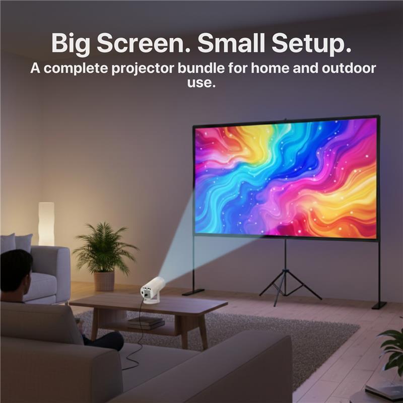 Projector Bundle - Projector Screen with Stand & Brother eye 4k Mini projector 300 lumens 2gb ram 16gb rom ultra fast , All in One Super Mini Projector