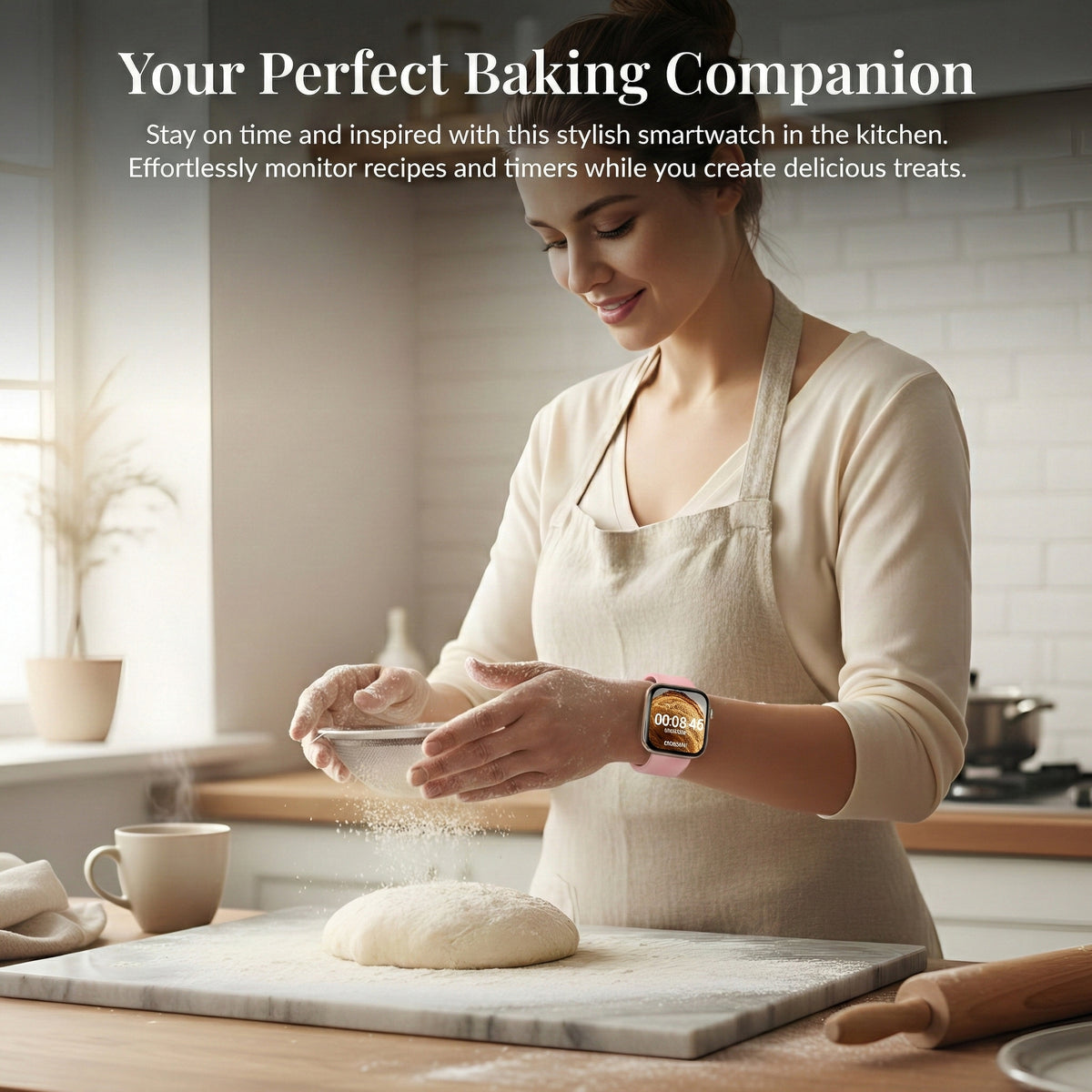 Woman baking while wearing the smart watch