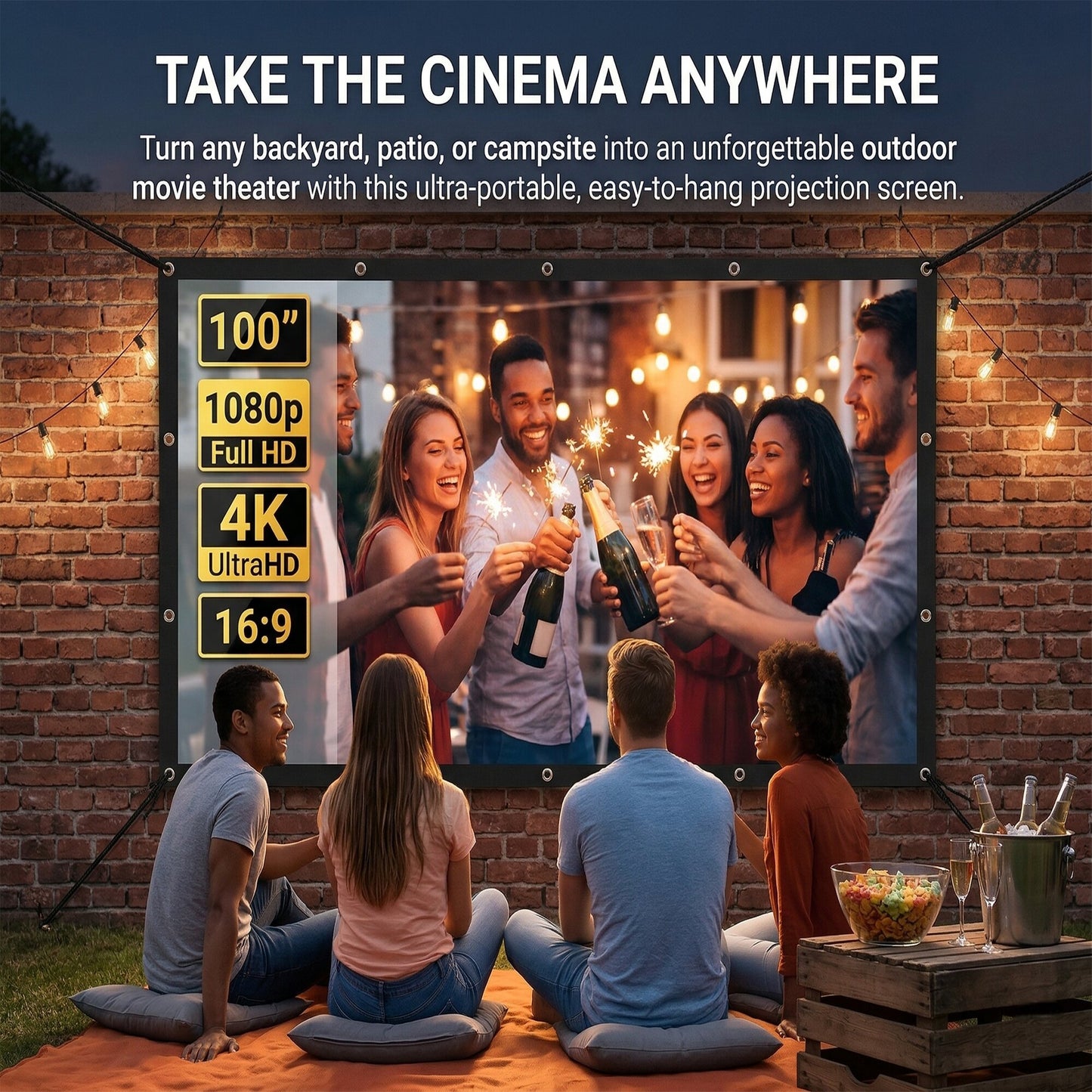 100-inch Projector Screen, Double-Sided Washable Indoor/Outdoor 16:9 Wall Mount Screen, Foldable Anti-Crease Portable Projector Screen for Home Theater, Gaming, Business, Weddings