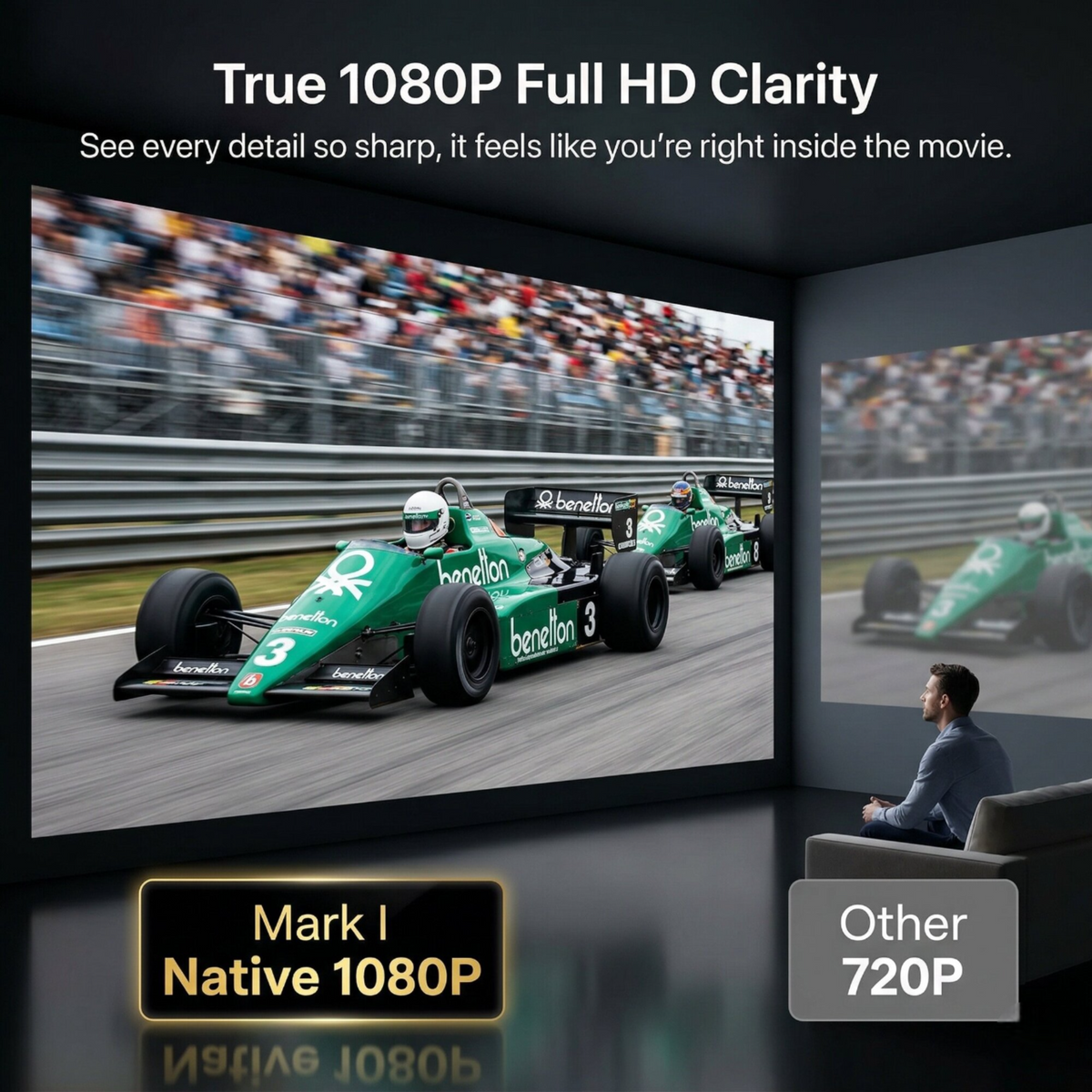 Brother Eye Mark I mini projector picture clarity comparison with a racing scene