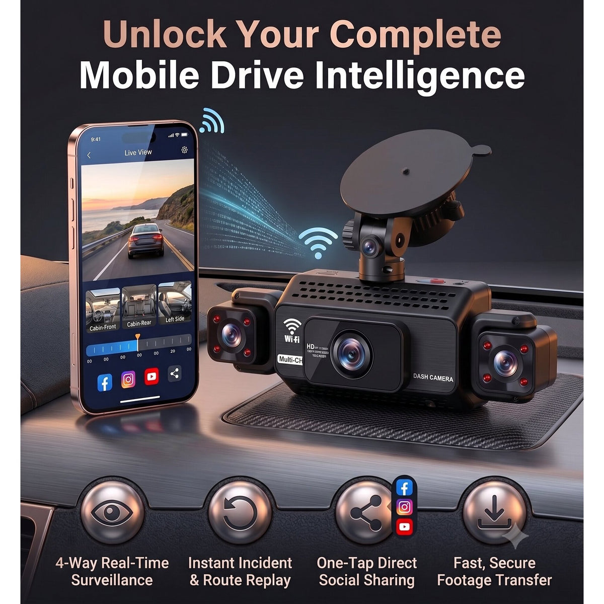 360° View 4-Channel Dash Cam, 64GB Card Included, 24H Parking Mode, Night Vision, G-Sensor, 5G WiFi & App Control, Front, Rear, Left & Right Dash Camera for Cars