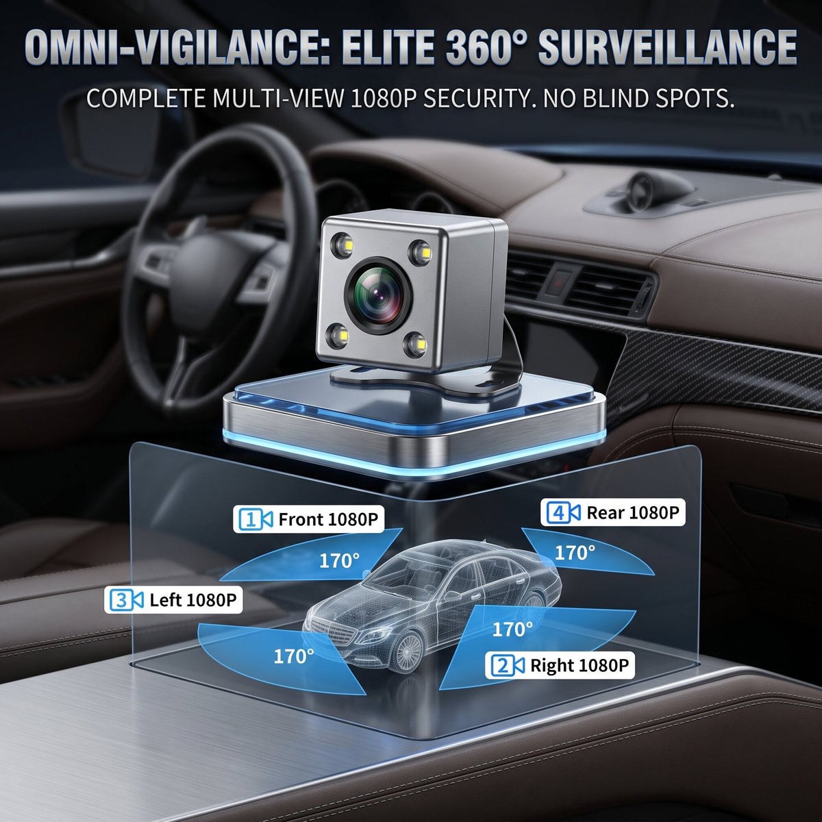 360° View 4-Channel Dash Cam, 64GB Card Included, 24H Parking Mode, Night Vision, G-Sensor, 5G WiFi & App Control, Front, Rear, Left & Right Dash Camera for Cars