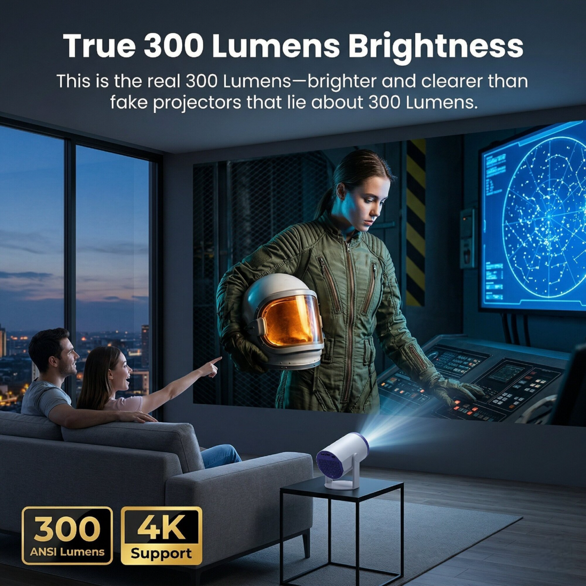 Brother Eye Mark I mini projector brightness graphic with a family watching a movie