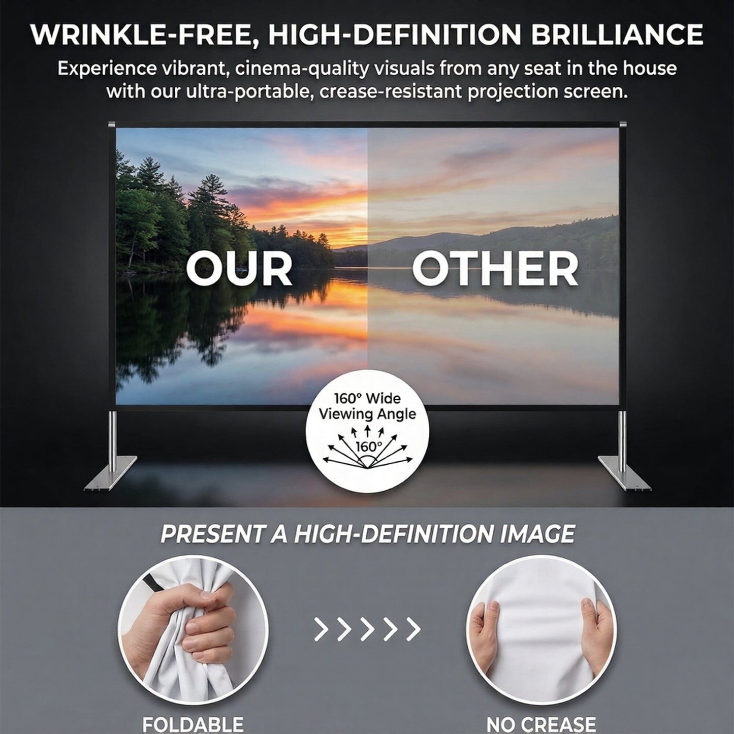 Projector Screen with Stand, 4K HD Indoor/Outdoor 16:9 Projection for Home Theater, Gaming, Business, Schools and Weddings, 3D Fast-Folding Projector Screen with Legs and Carry Bag