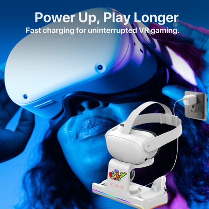 The Bigly Brothers Charging Dock compatible with Oculus Meta Quest 3 Fast Charging Stand for VR Headset & Controllers with RGB LED Light, Includes 2 Rechargeable Batteries, Essential VR Accessory