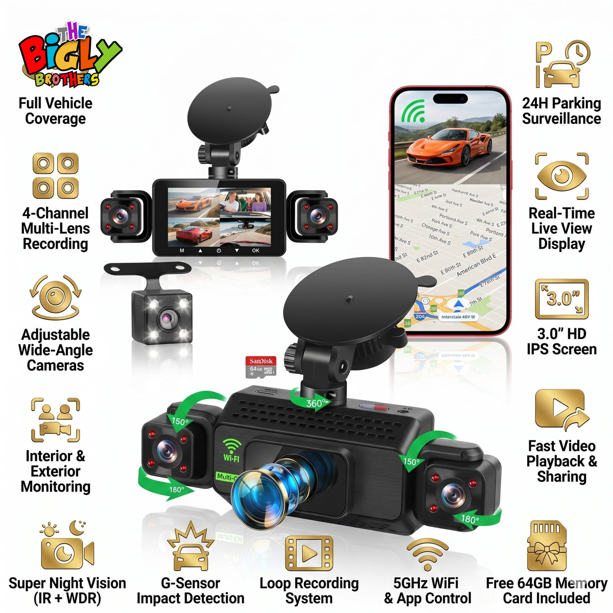360° View 4-Channel Dash Cam, 64GB Card Included, 24H Parking Mode, Night Vision, G-Sensor, 5G WiFi & App Control, Front, Rear, Left & Right Dash Camera for Cars