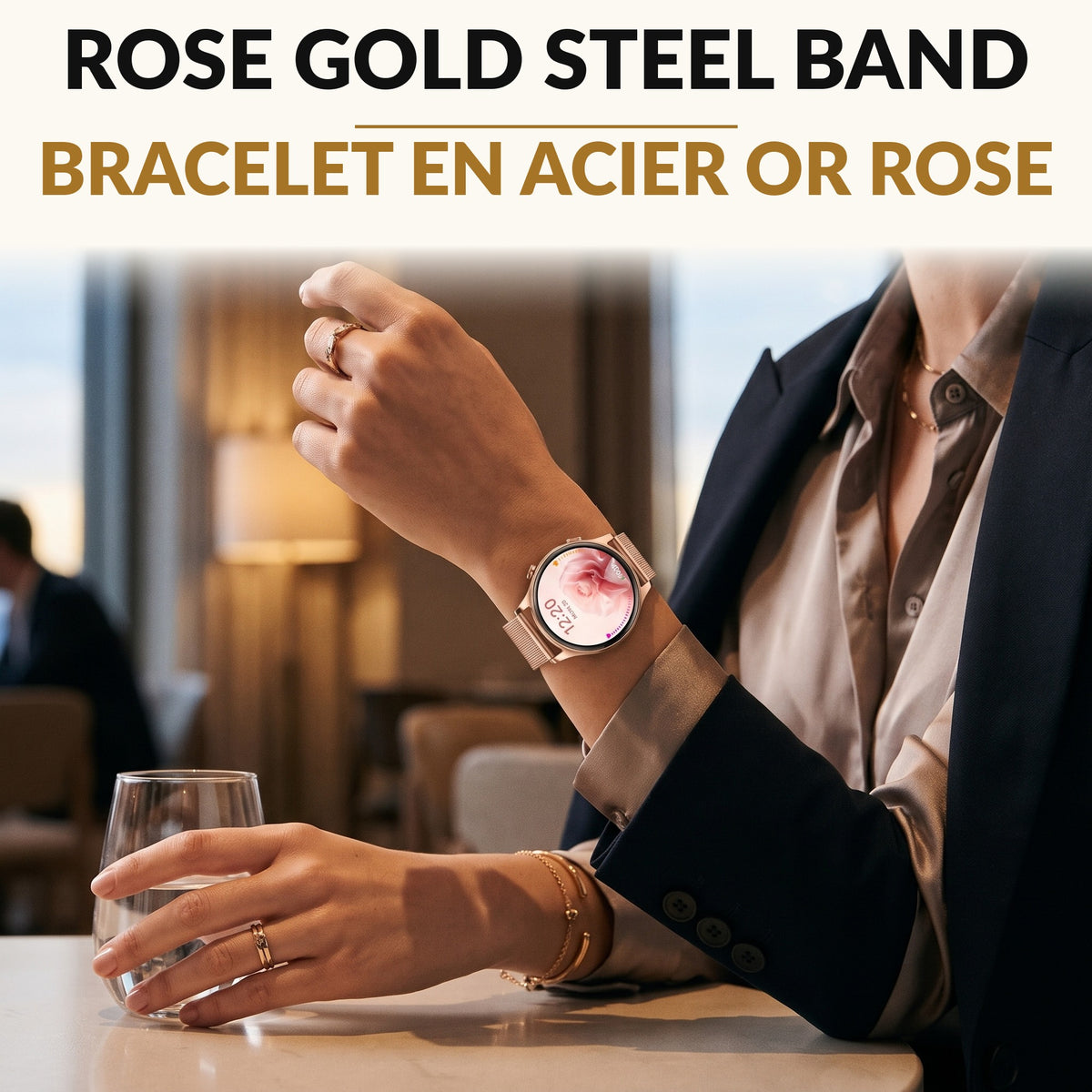 Women's Smart Watch with Bluetooth Calling 1.32 Inch AMOLED Round Display Rose Gold Steel Band Fitness Tracker Heart Rate Sleep 110 Sport Modes 3ATM