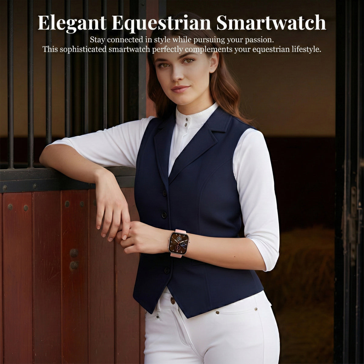 Woman in riding clothes wearing the smart watch