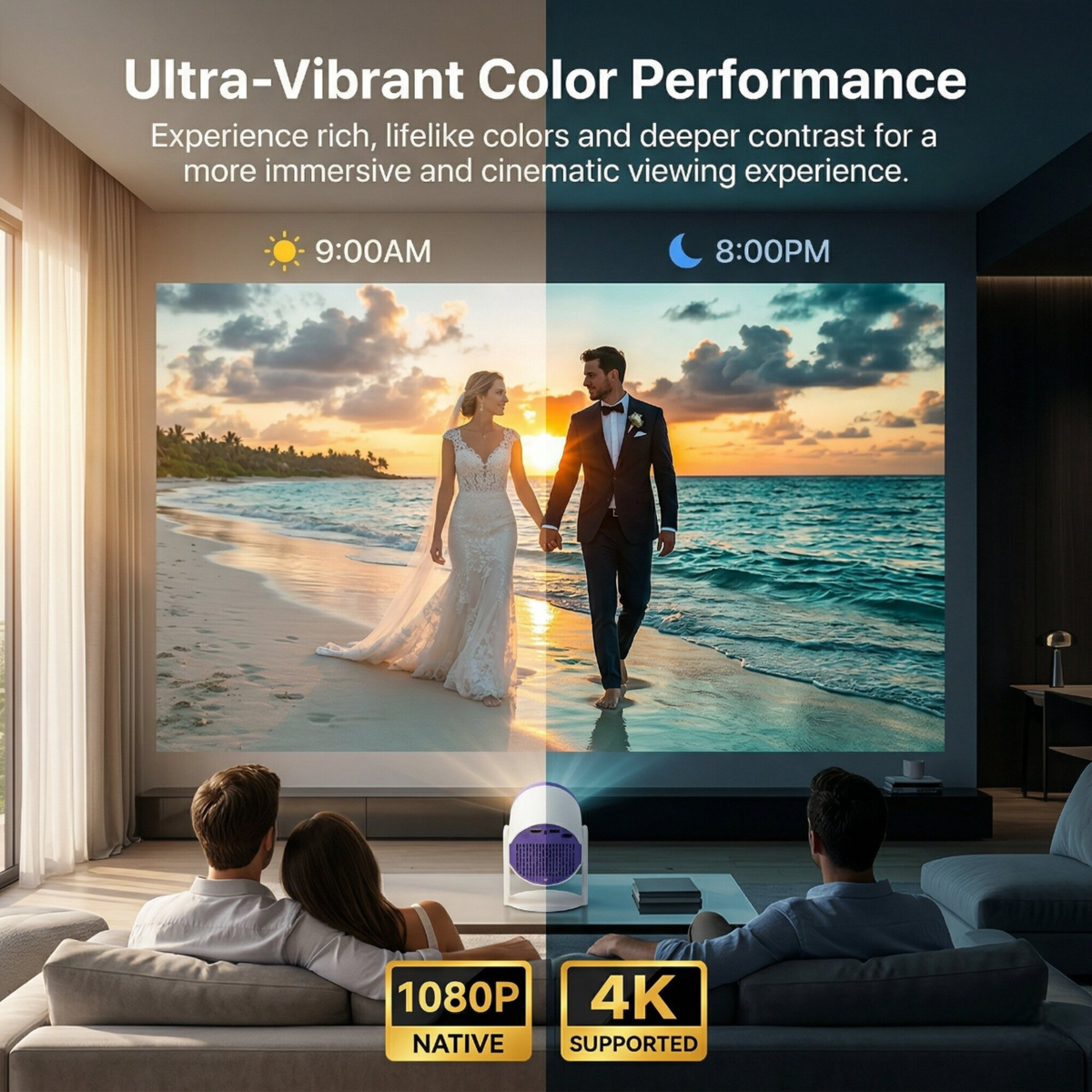 Couple watching a colourful beach scene from the Brother Eye Mark I mini projector